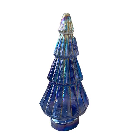 Illuminated Glass Christmas Tree 13.25in Blue & Gold Chic LED Holiday Decor New - Picture 8 of 15